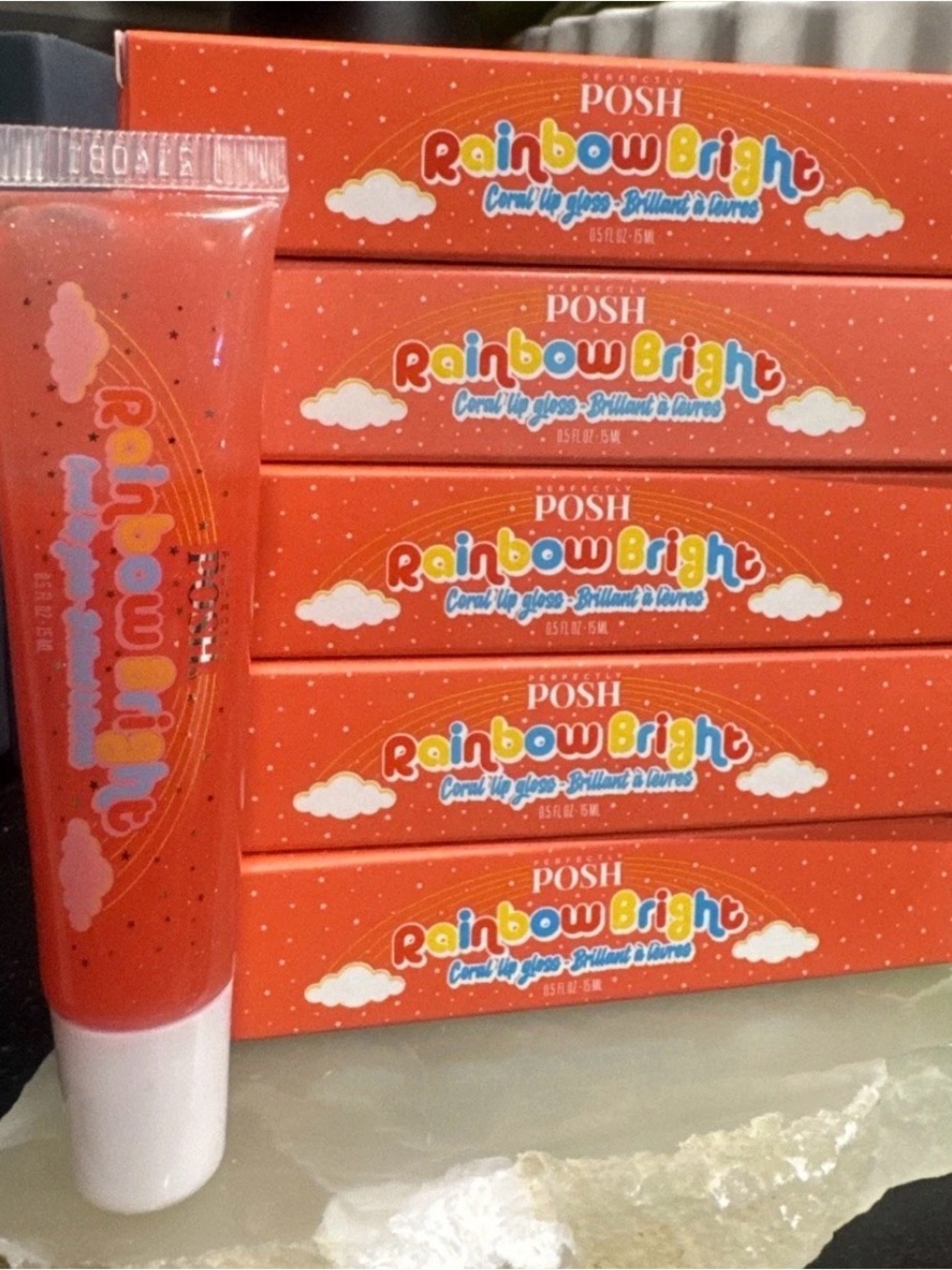 Lot of 5 Posh Rainbow Bright Coral Lip Gloss - Coral Red